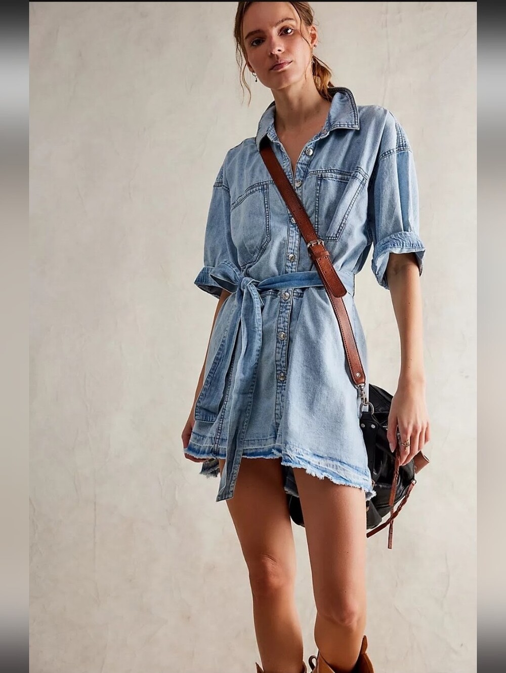Free People Light Blue Denim Shirt Dress with Brown Strap